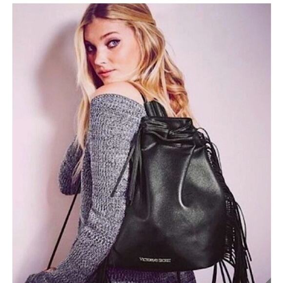 Victoria Secret Backpack Black Drawstring Bucket Bag Fringe Purse $85 MSRP NWT - Picture 1 of 6